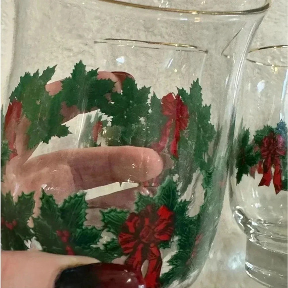 6 Vintage Libbey Christmas Holly Berry Wreath Garland Red Bow Glasses Gold Trim - Picture 6 of 15